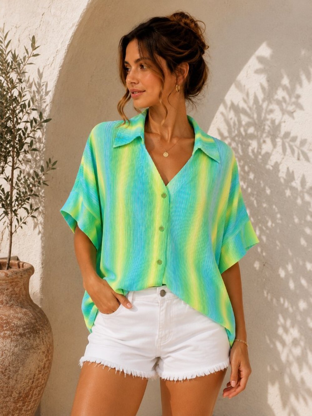 NWT Jodifl Bright Idea Pleated Stripe Button Down Blouse Large